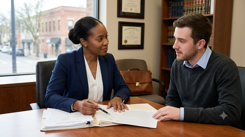 A candid, professional photograph shows a female criminal defense lawyer and her male client reviewing case files across a table in an office setting, with soft natural light coming through a window. The client looks engaged and slightly anxious as he listens to his attorney explain legal documents.