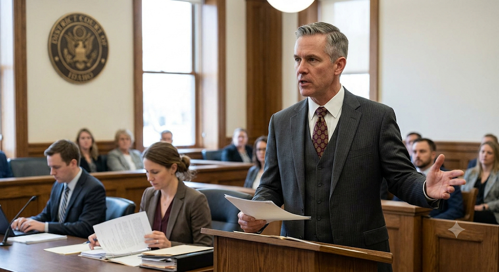 A civil litigation lawyer stands at a podium in a Boise courtroom, gesturing emphatically while presenting a case during a trial. The "District Court of Idaho" seal is visible on the wall behind him